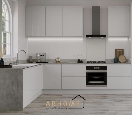 Thiết kế tủ bếp chữ L cánh phủ Acrylic