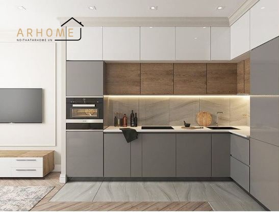 Thiết kế tủ bếp chữ L đẹp kịch trần