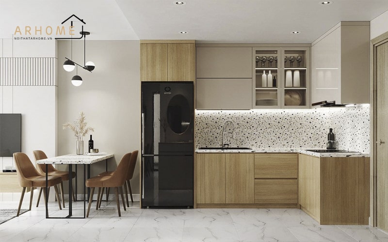 Thiết kế tủ bếp chữ L nhỏ đẹp bằng gỗ MDF
