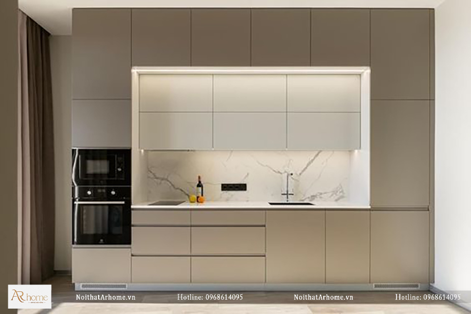 Thiết kế mẫu tủ bếp acrylic chữ I màu be