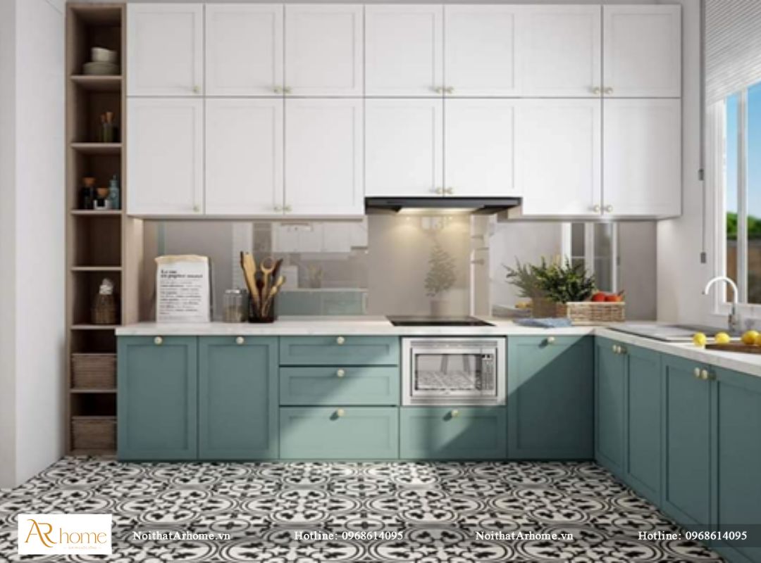 Phòng bếp tân cổ điển trang tri với tone màu xanh trắng
