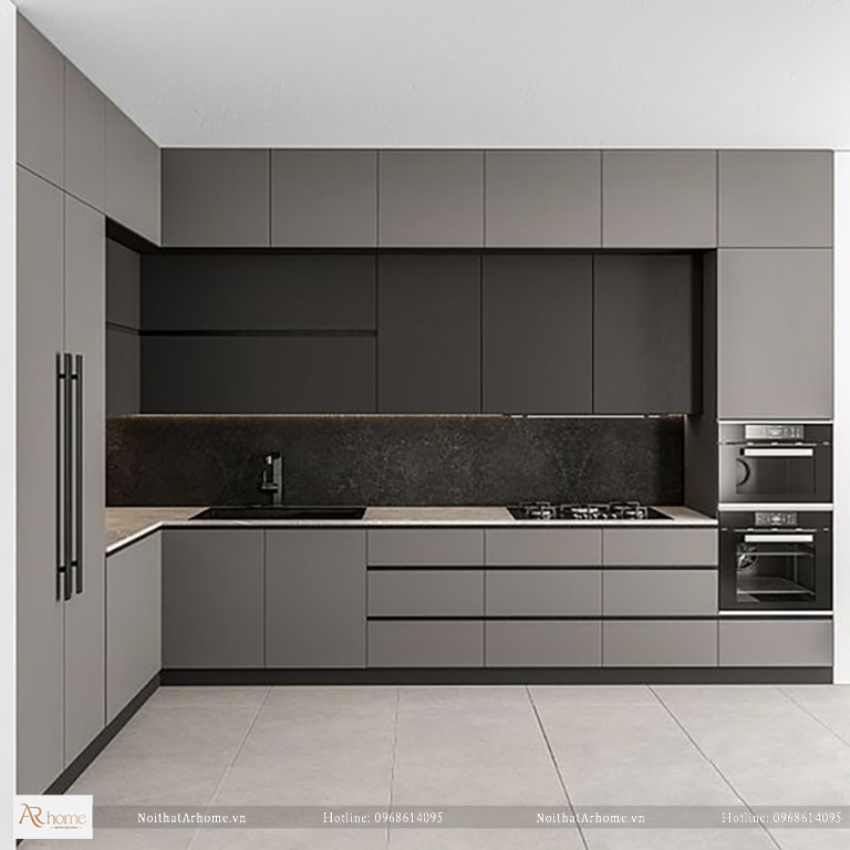 Tủ bếp acrylic màu xám phong cách hiện đại