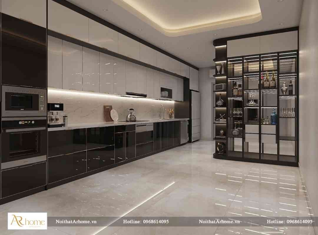 Tủ bếp inox cánh kính cường lực kiểu dáng chữ I