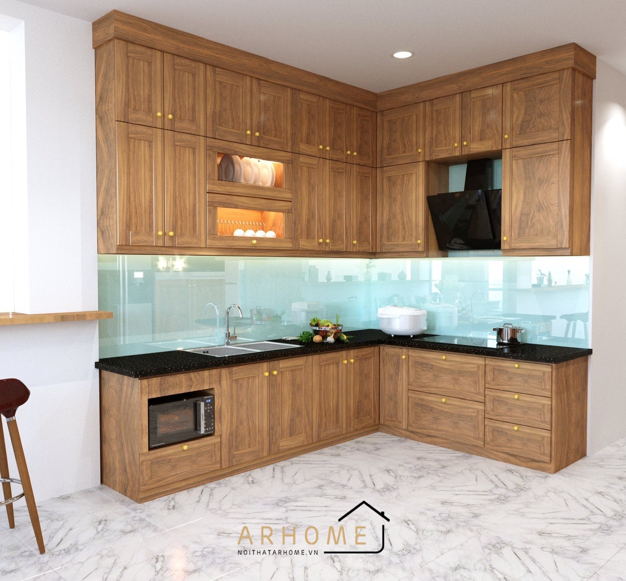 Tủ bếp bằng gỗ tự nhiên hình chữ L