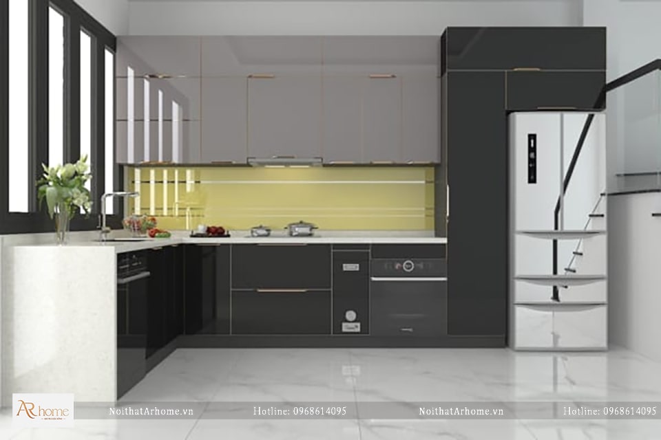 Tủ bếp chữ I hiện đại cánh kính cường lực