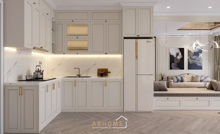 Tủ bếp chữ i đơn giản phong cách tân cổ điển hiện nay