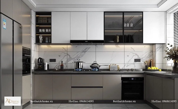 Giá tủ bếp inox cánh Acrylic trắng tinh tế