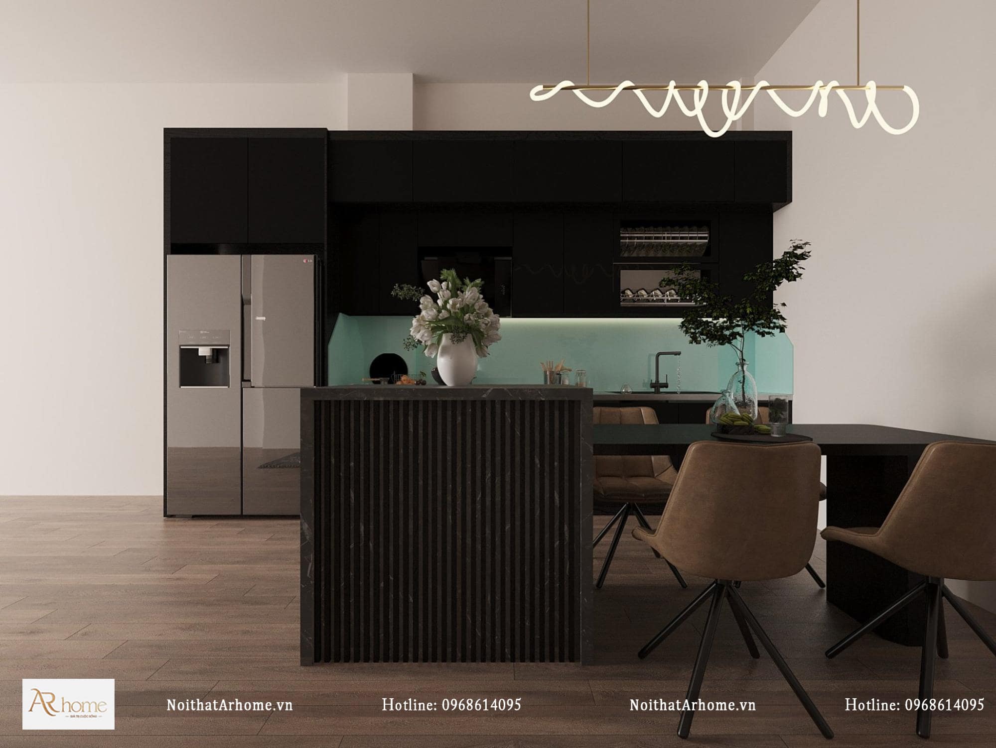 Tủ bếp bằng gỗ công nghiệp acrylic kết hợp bàn đảo bếp