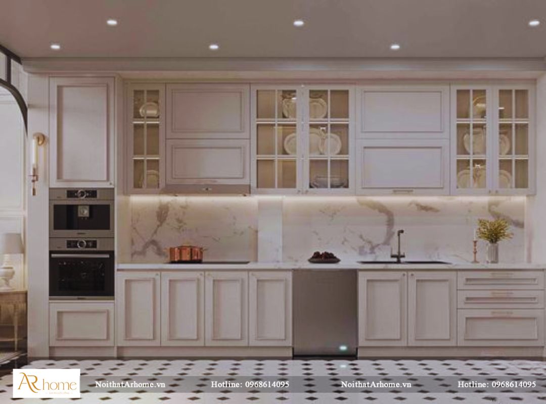 Mẫu tủ bếp gỗ tân cổ điển 2 cửa kính