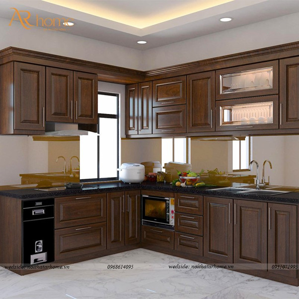 Tủ bếp gỗ tự nhiên tân cổ điển sang trọng