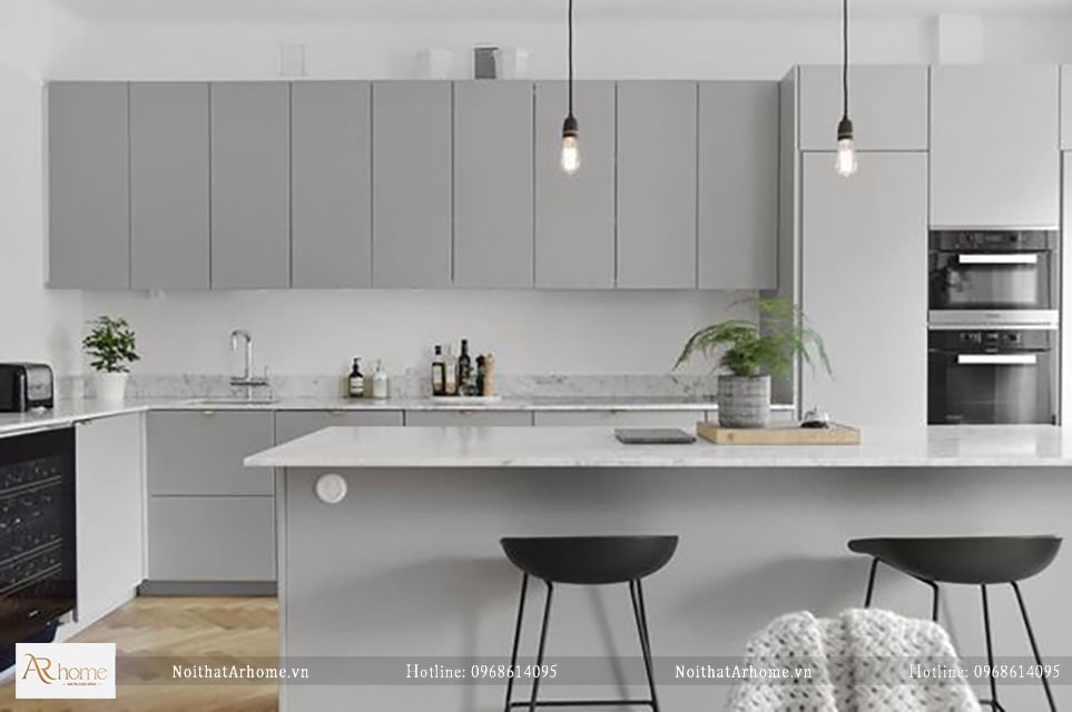 Sự kết hợp giữa tủ bếp hình chữ I đẹp và bàn đảo