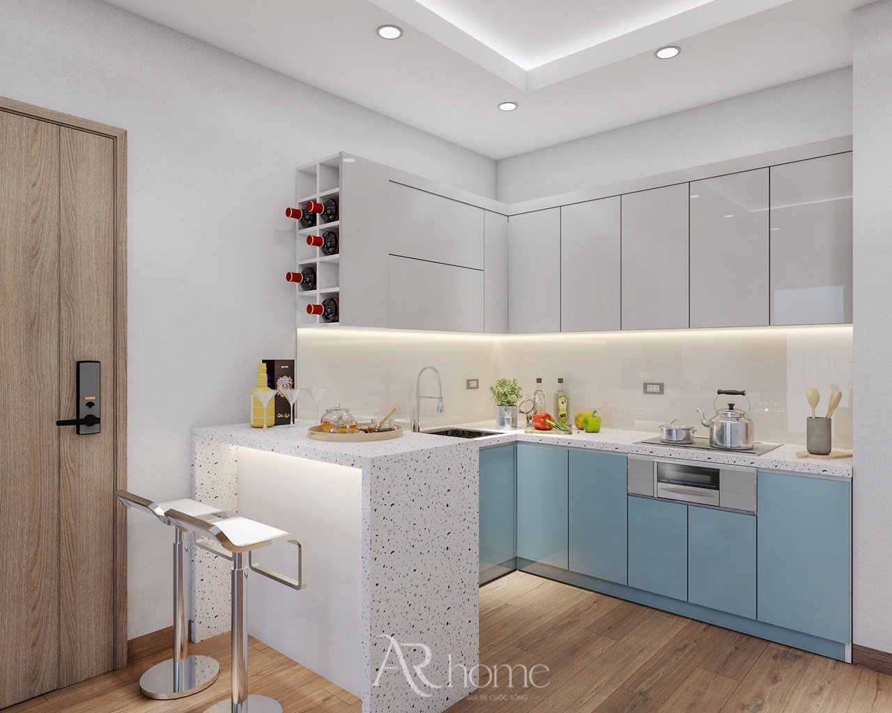 Tủ bếp hình chữ L kết hợp quầy bar