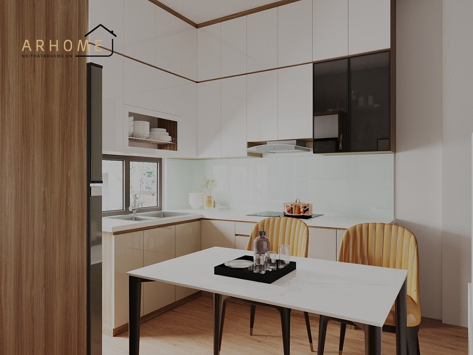 Mẫu tủ bếp kết hợp bàn ăn hình chữ U
