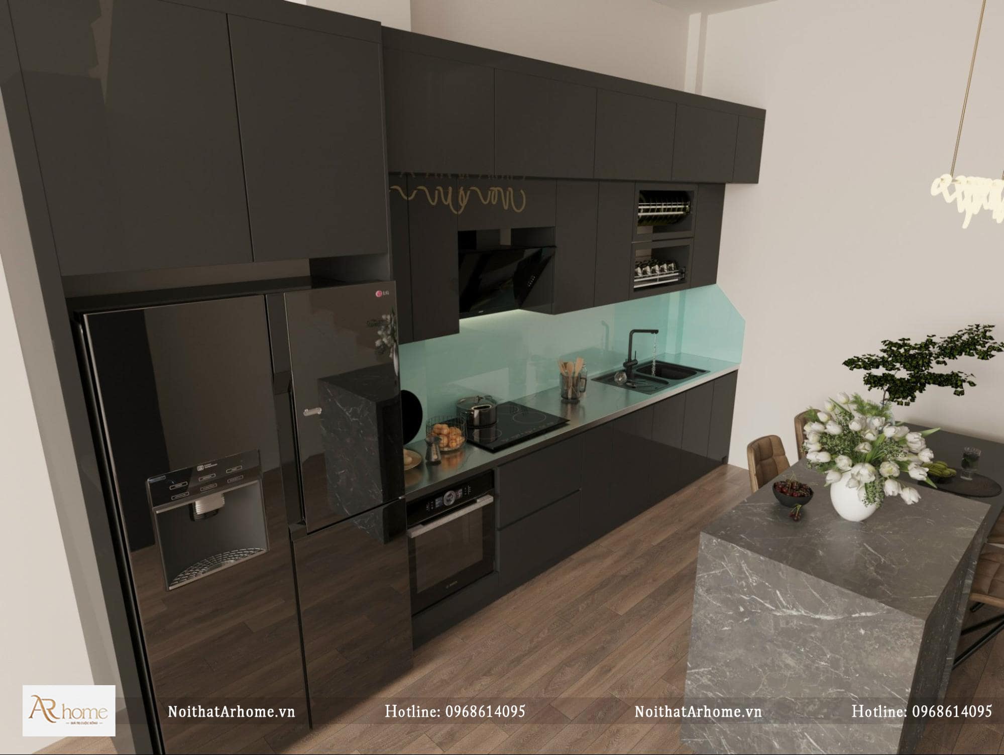 Tủ bếp nhựa acrylic xu hướng tone màu đen