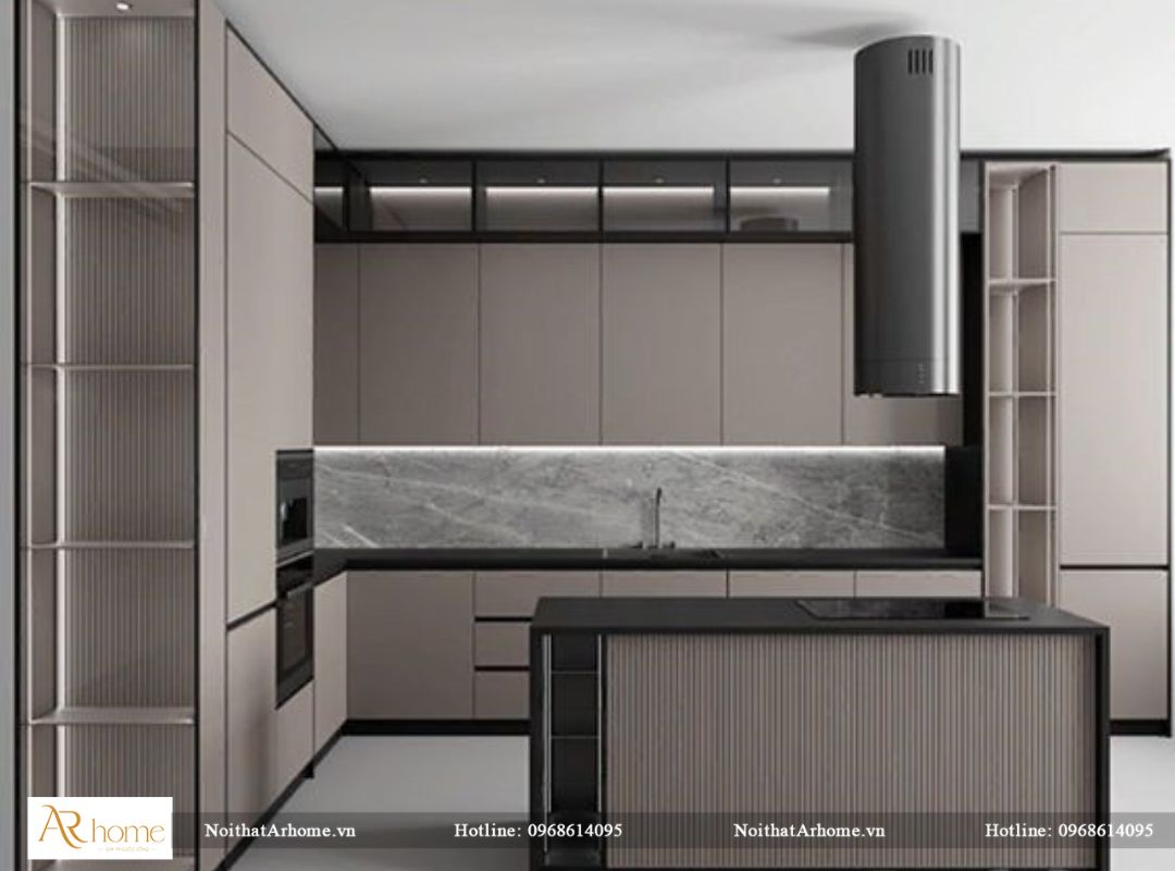 Mẫu tủ bếp nhựa picomat có bàn đảo hiện đại