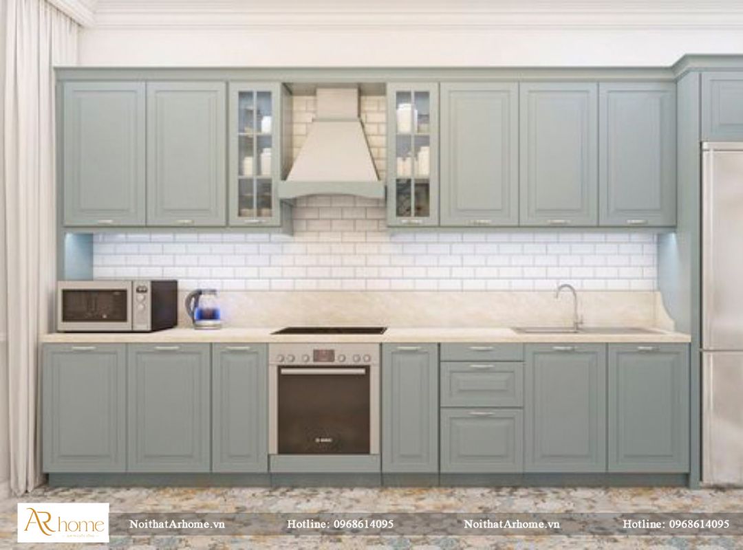 Tủ bếp nhựa tân cổ điển với tone màu xanh trắng