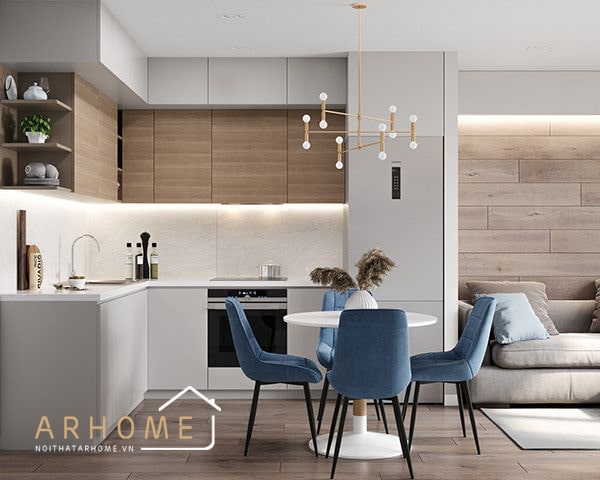 Tủ bếp phủ Acrylic kết hợp bàn ăn hiện đại