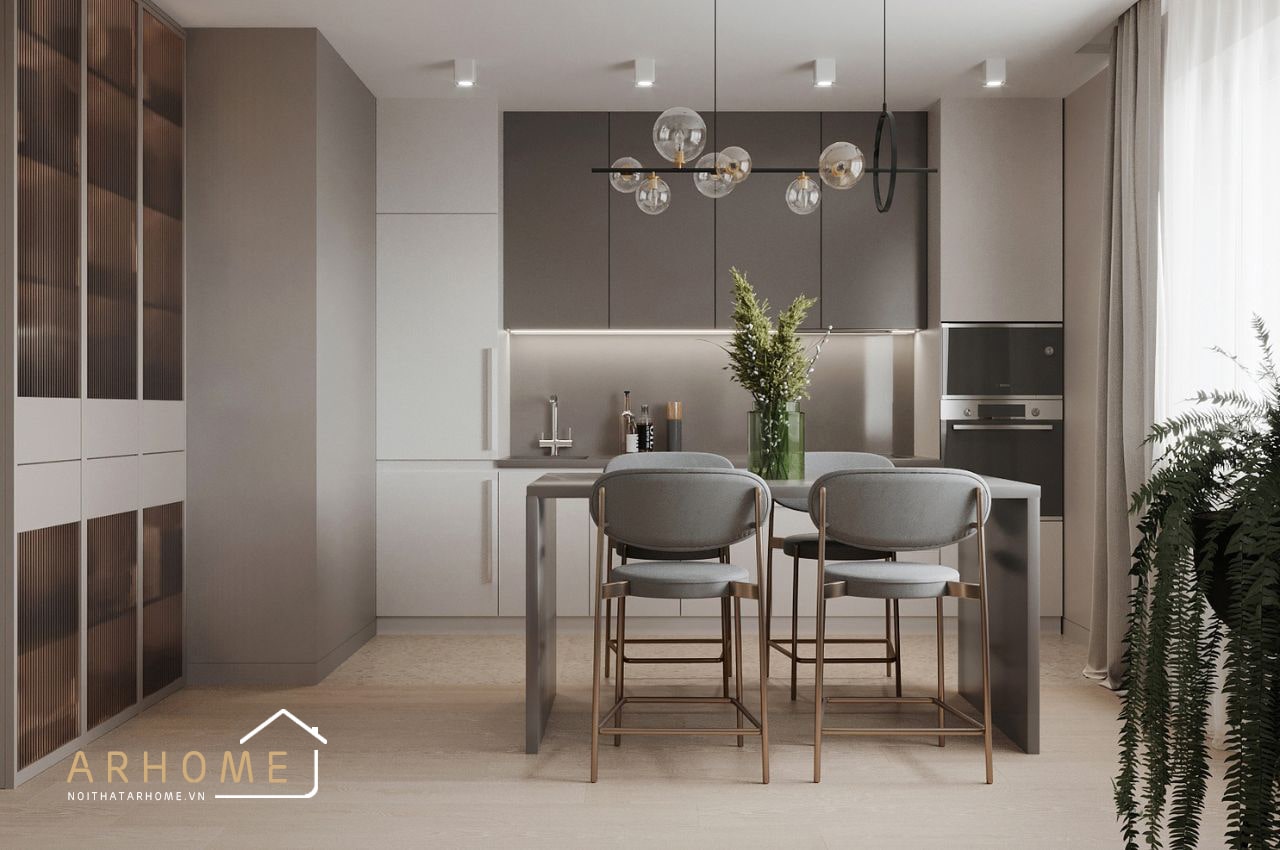 Tủ bếp phủ Acrylic kết hợp bàn đảo và bàn ăn