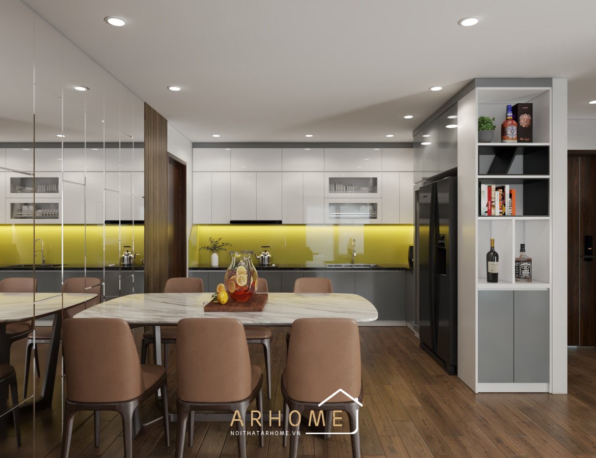 Tủ bếp phủ Acrylic với thiết kế kịch trần