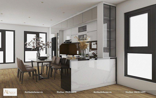 tủ bếp được thiết kế thêm quầy bar phong cách hiện đại