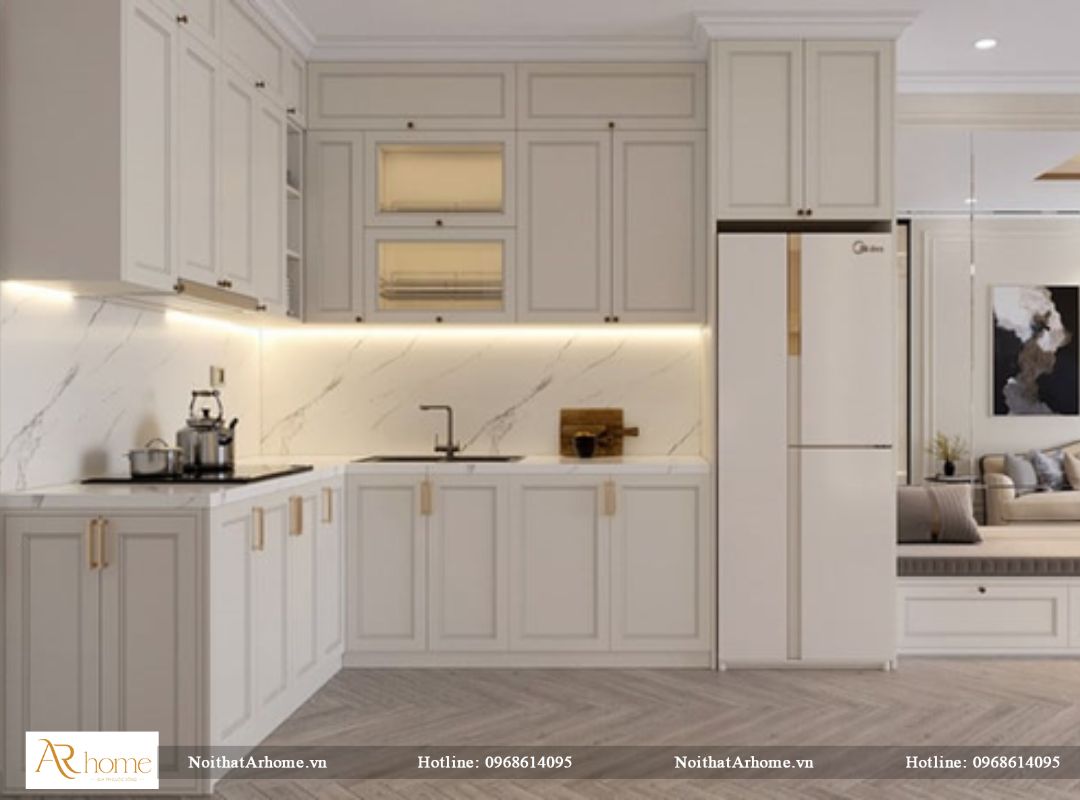 Tủ bếp tân cổ điển chất liệu gỗ công nghiệp cao cấp