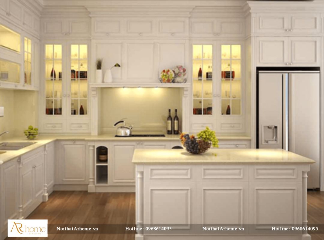 Tủ bếp tân cổ điển với nội thất phòng khách