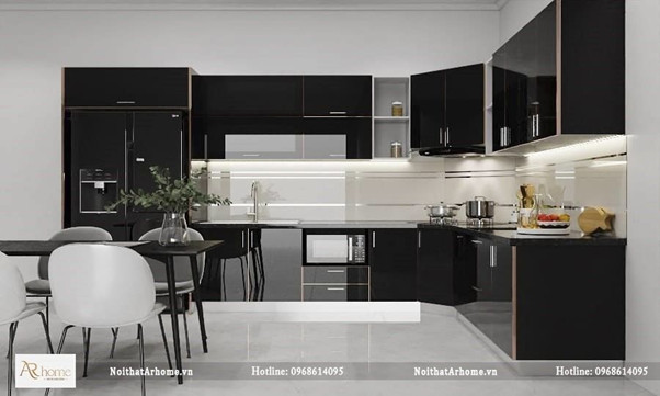 Tủ bếp inox cánh kính cường lực màu đen sang trọng