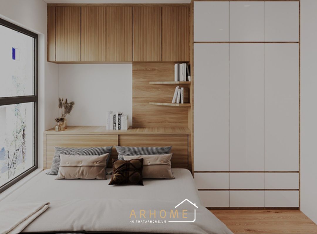 Giường ngủ kết hợp giá sách gọn gàng