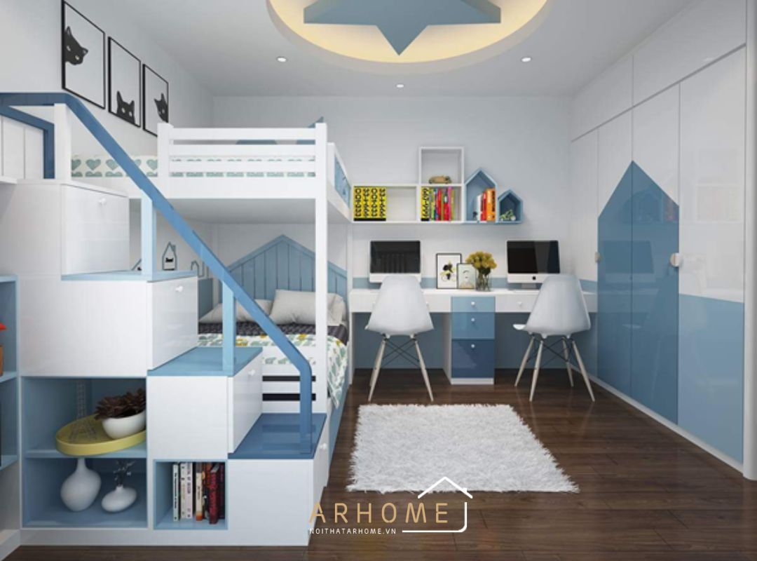 Giường ngủ tầng gỗ công nghiệp tone màu xanh