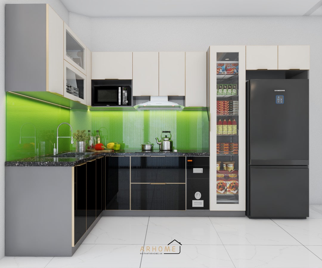 Mẫu tủ bếp chống nước hình chữ L bằng inox