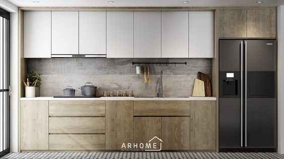 Mẫu tủ bếp chữ I dài 3m mang với cách hiện đại
