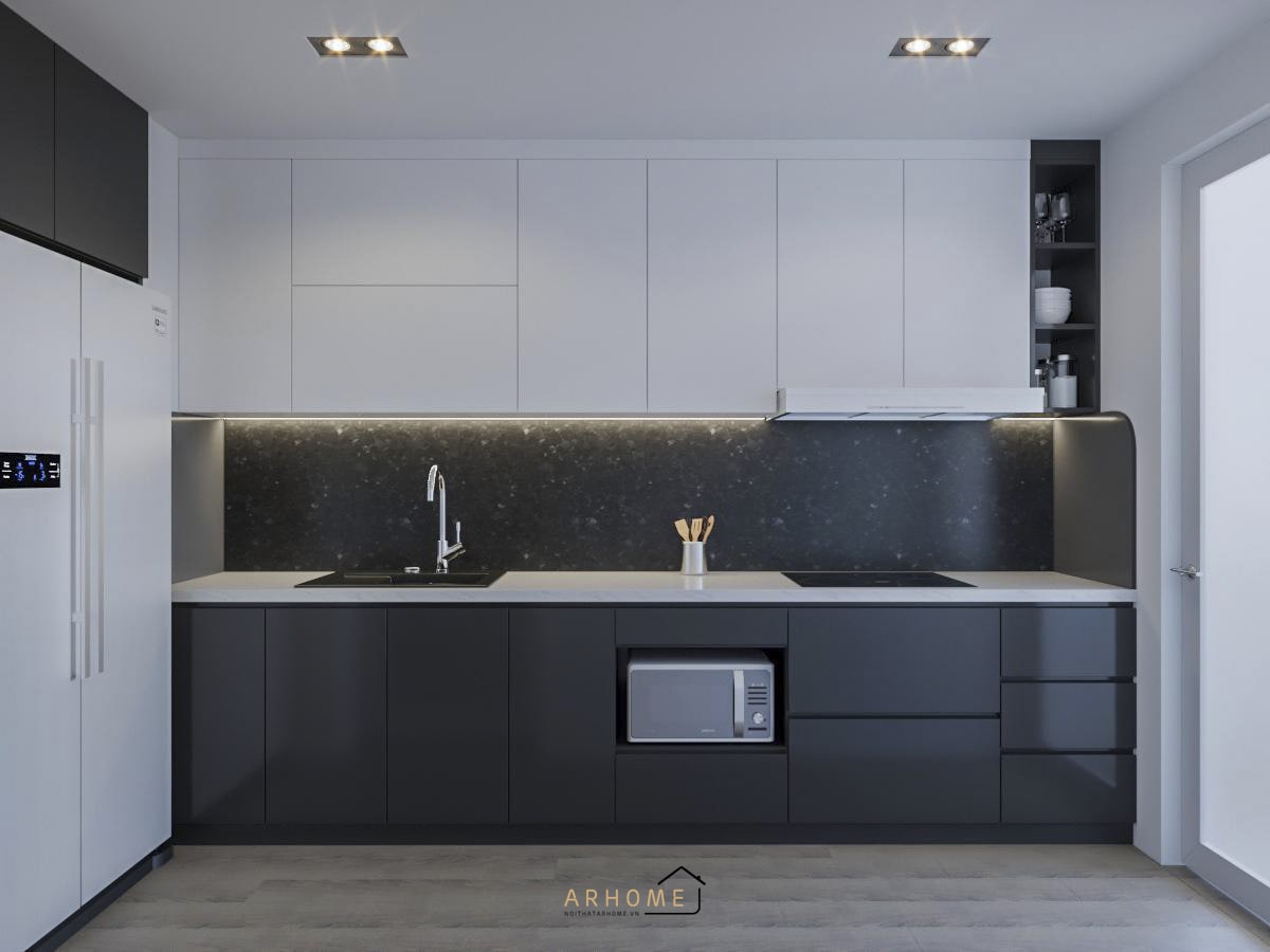 Mẫu tủ bếp chữ I hiện đại cánh phủ Melamine