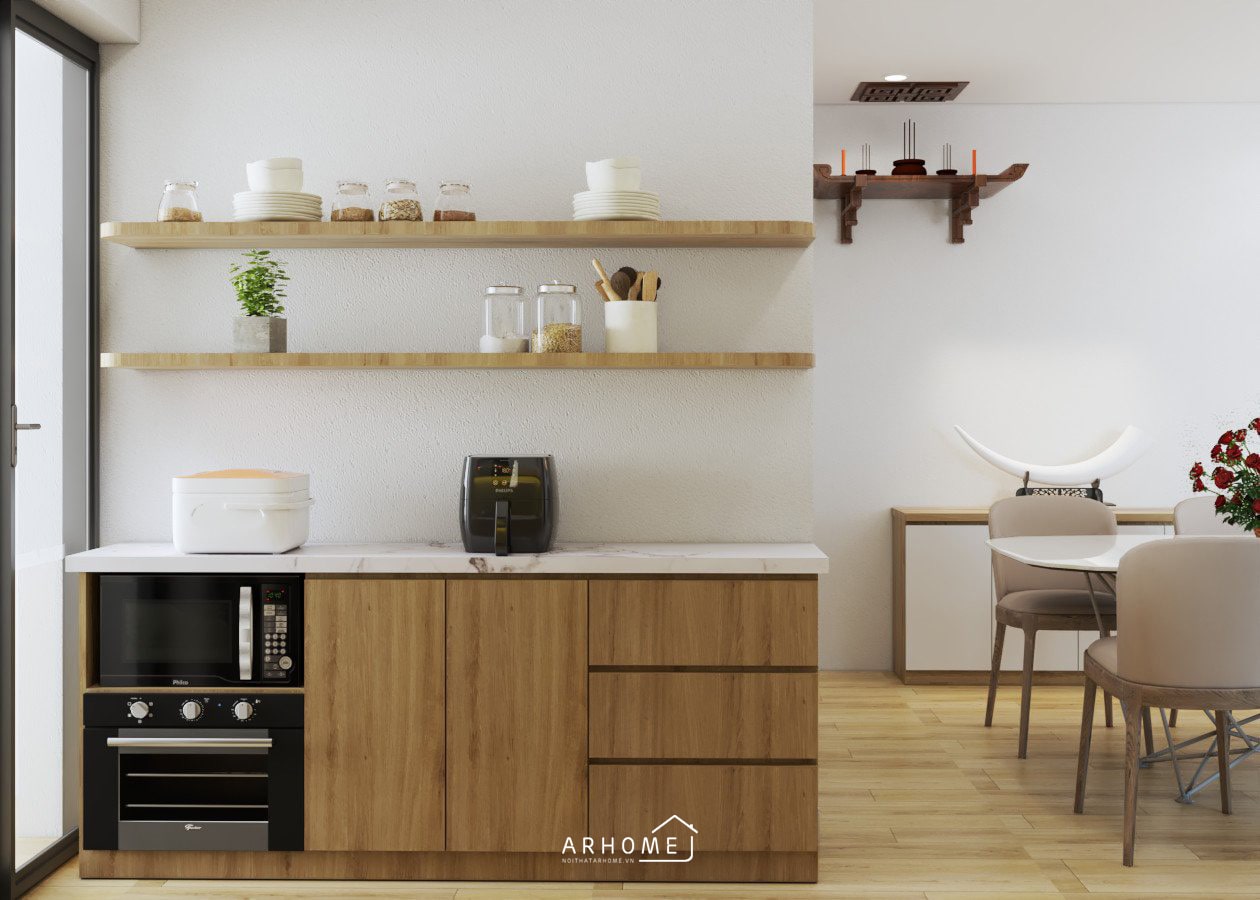 Mẫu tủ bếp chữ I kết hợp kệ trang trí độc đáo