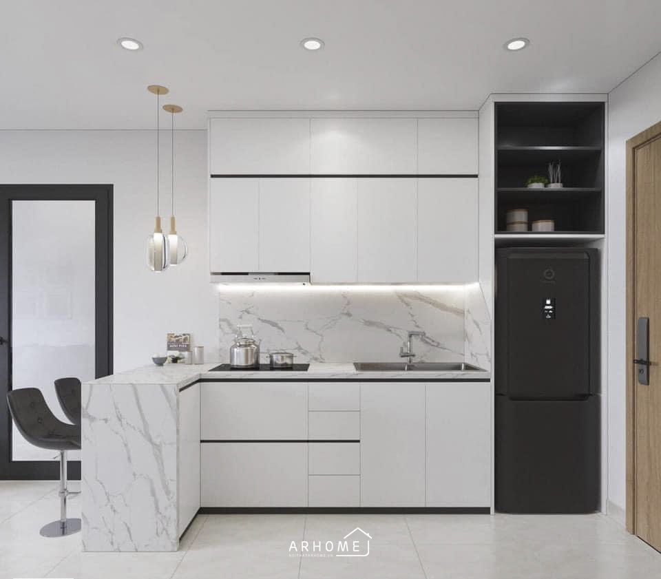 Mẫu tủ bếp chữ I nhỏ kết hợp bàn đảo