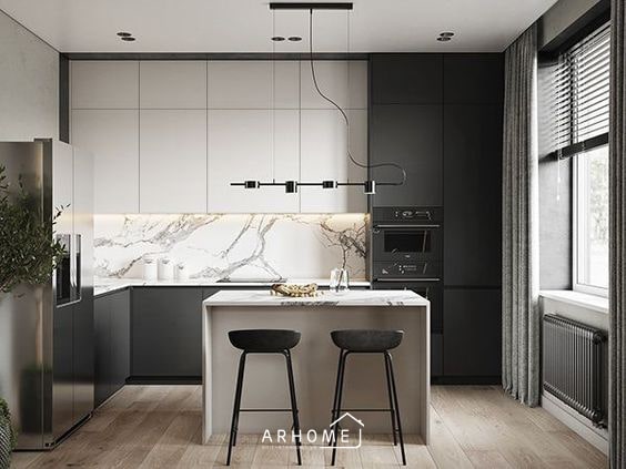 Mẫu tủ bếp đẹp chữ L có bàn đảo hiện đại