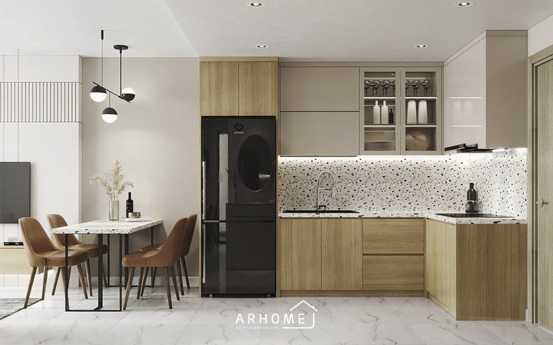 Mẫu tủ bếp bằng gỗ hình chữ L hiện đại