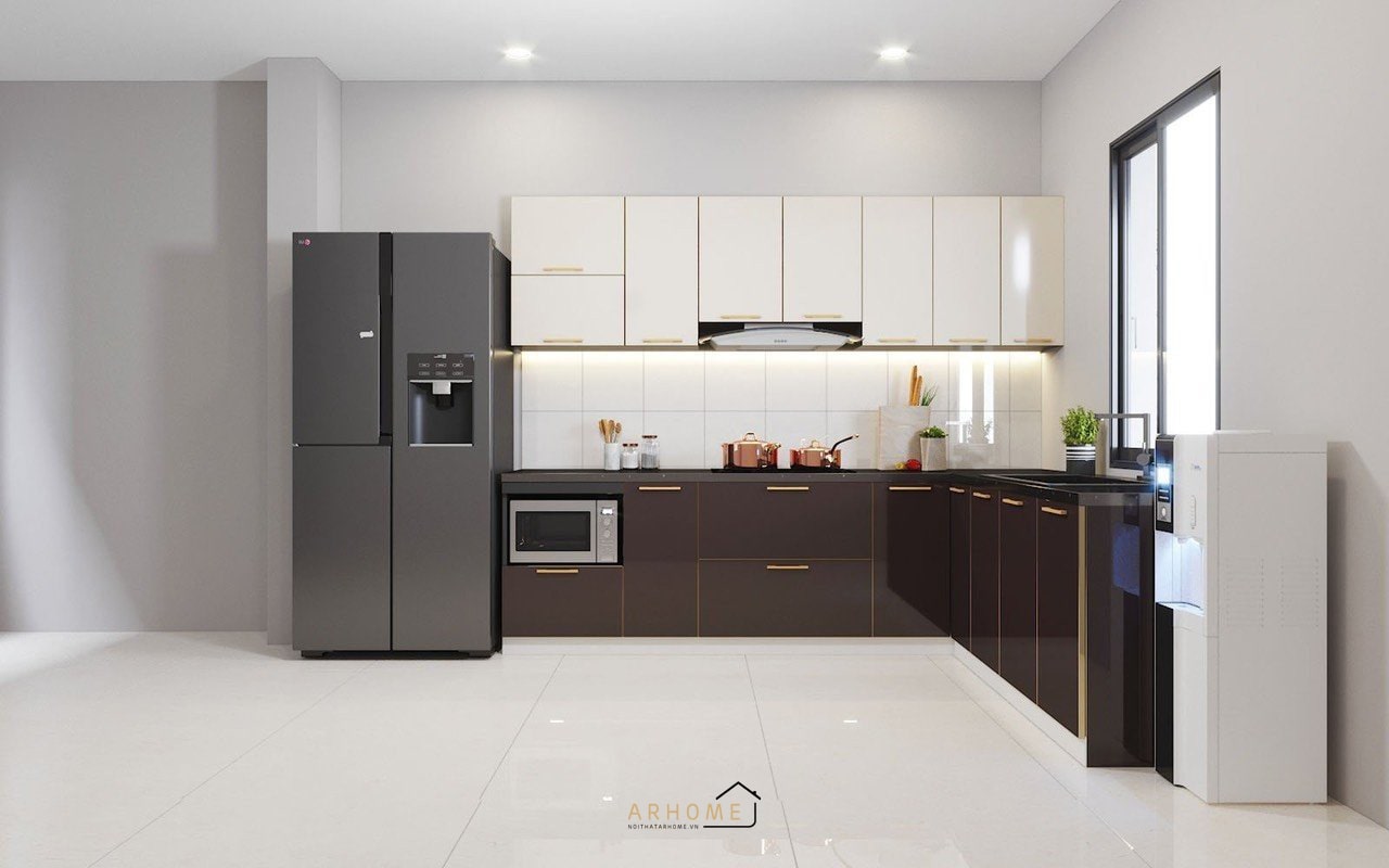 Mẫu tủ bếp inox 304 cánh kính hình chữ I hiện đại