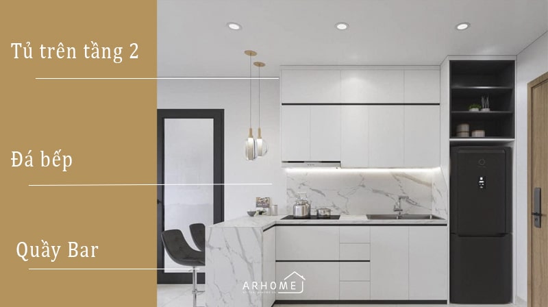 Mẫu tủ bếp nhựa Picomat cánh Acrylic kết hợp quầy bar