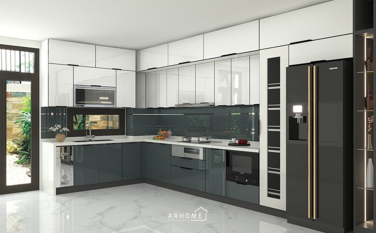 Thiết kế mẫu tủ bếp bằng inox 304 cánh kính cao cấp