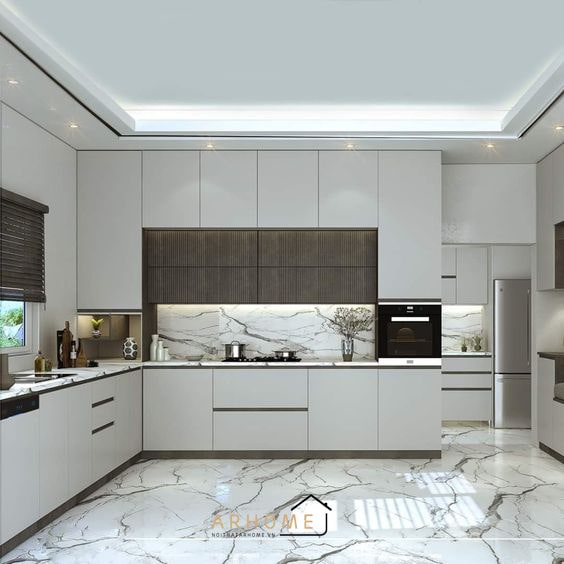Thiết kế mẫu tủ bếp gỗ công nghiệp đẹp hình chữ L màu trắng