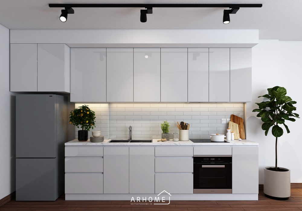 Thiết kế tủ bếp chữ I dài 3m màu trắng sang trọng