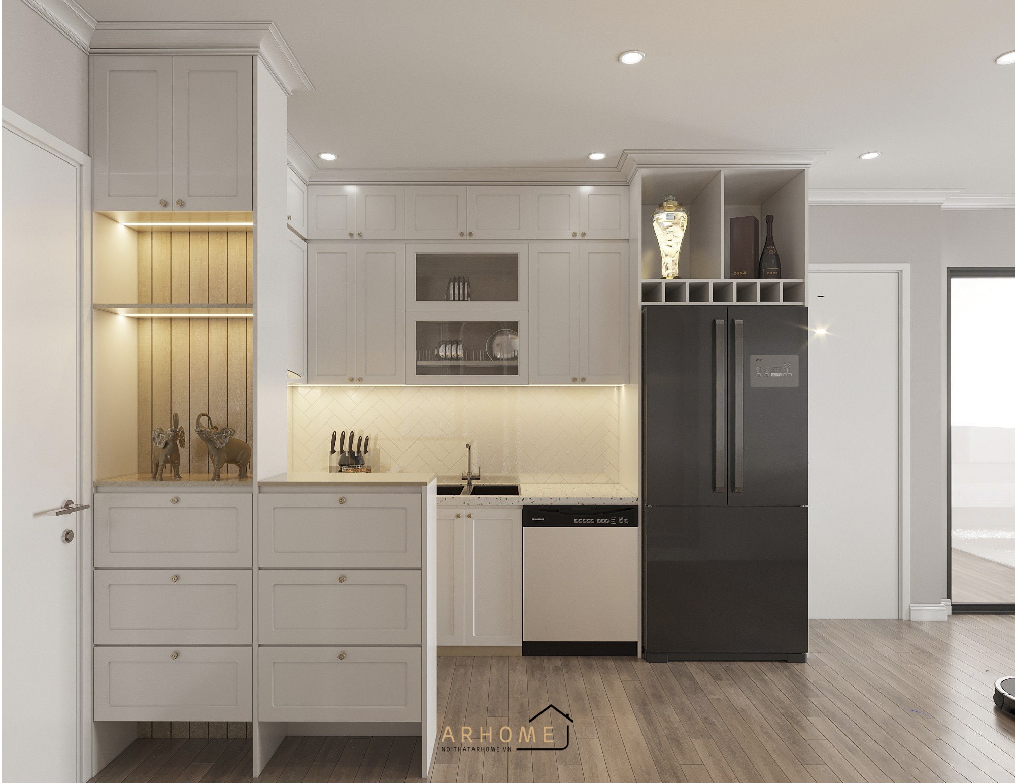 Tủ bếp chữ L phong cách tân cổ điển