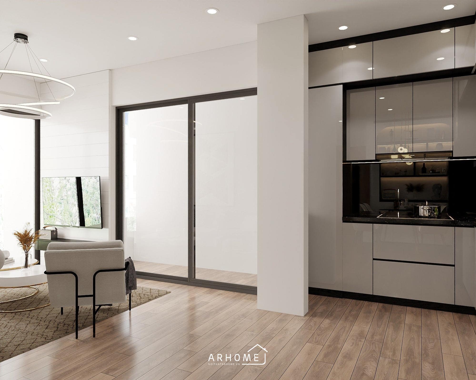 Thiết kế tủ bếp nhựa cánh phủ Acrylic bóng gương