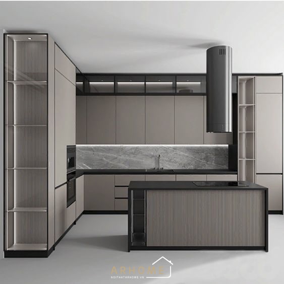 Tích hợp thêm bàn đảo, kệ trang trí cho tủ bếp