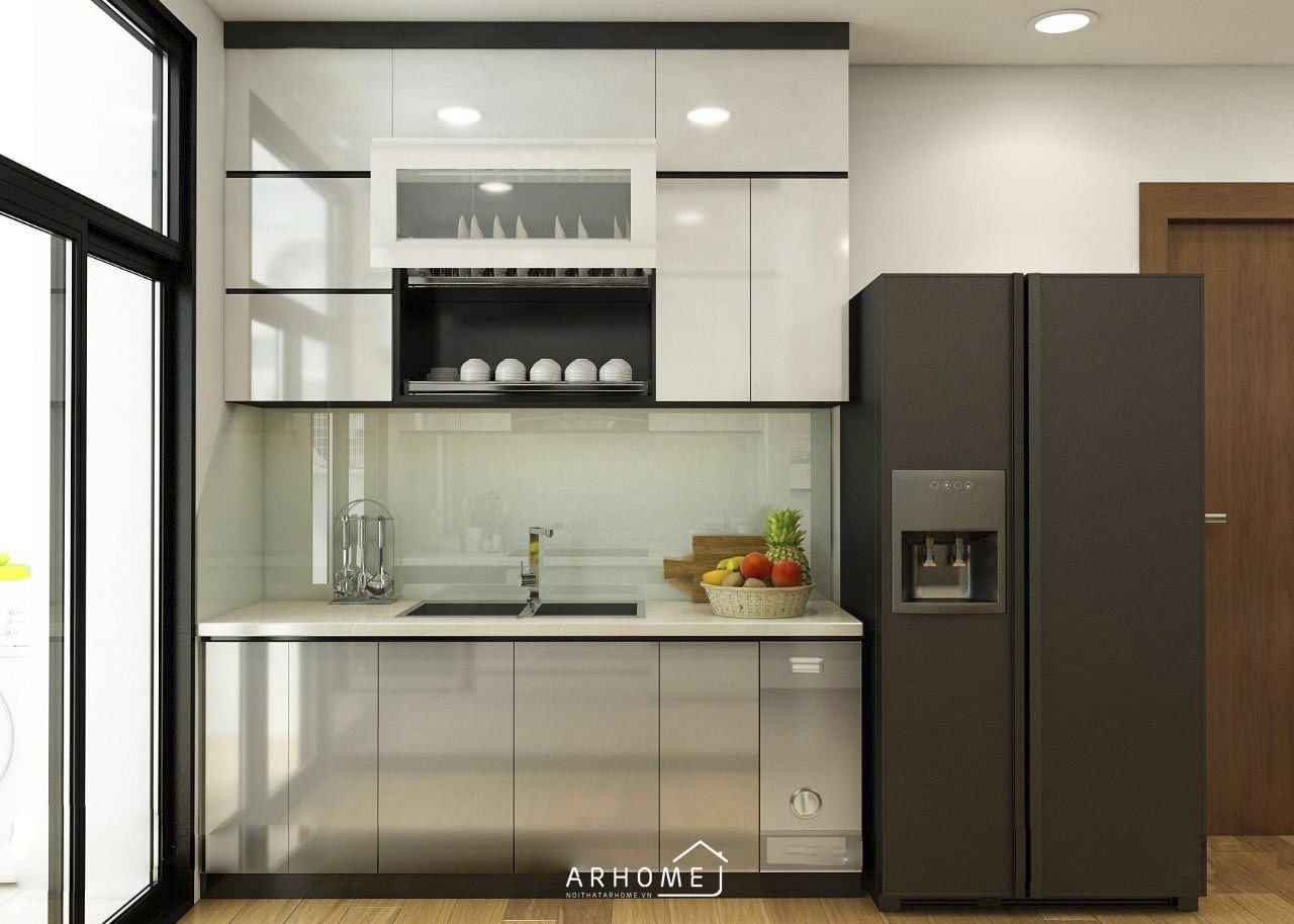 Tủ bếp cánh phủ Acrylic bóng gương hình chữ I