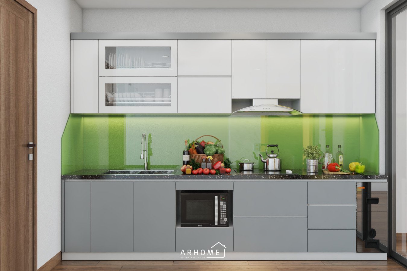 Tủ bếp chữ I dài 3m bằng gỗ MDF phủ Melamine