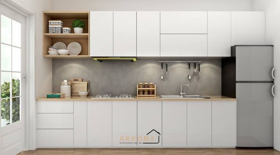 Tủ bếp chữ I gỗ công nghiệp MDF cánh phủ Acrylic trắng sáng