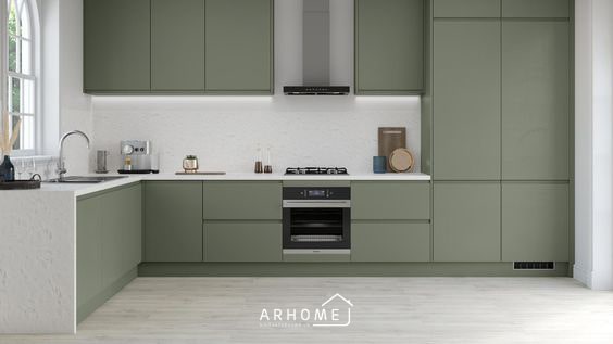 Thiết kế tủ bếp đơn điệu tone màu xanh pastel