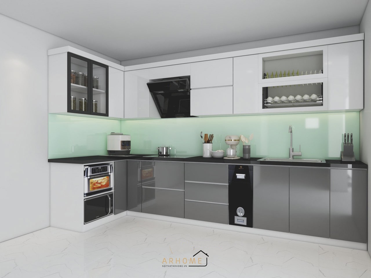 Tủ bếp gỗ dáng chữ L cánh phủ Acrylic cao cấp