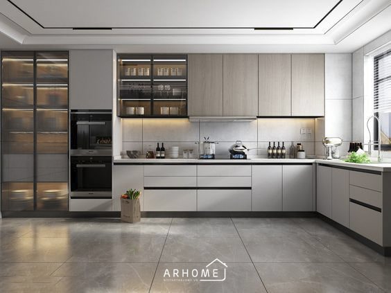 Tủ bếp gỗ đẹp hình chữ L có cửa sổ thông thoáng